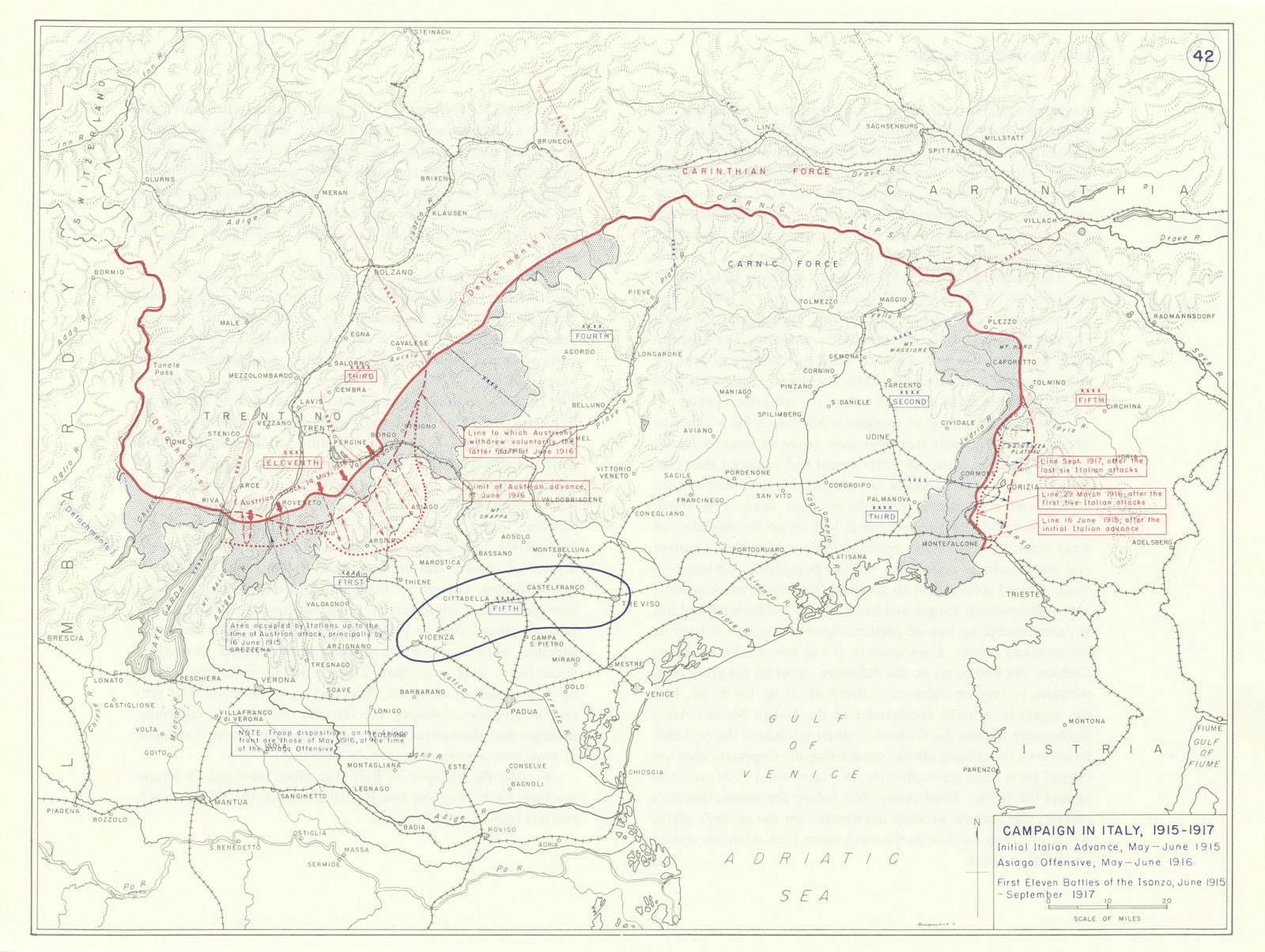 World War 1. Italy Campaign 1915-1917. Asiago Offensive. Isonzo battles 1959 map